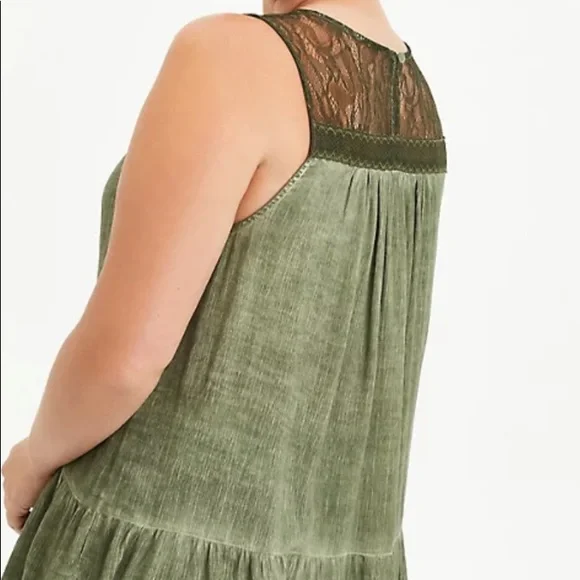 Torrid olive green lace trim gauze mineral wash tank. Super cute! NWT - Picture 2 of 6
